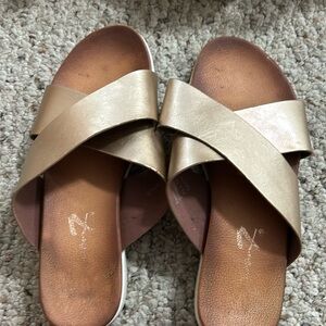Bronze colored slip on sandals